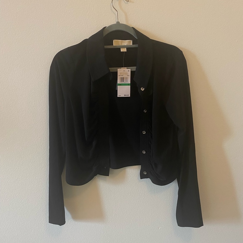 Michael Kors Women’s solid black, stretchy button up blouse shirt with collar